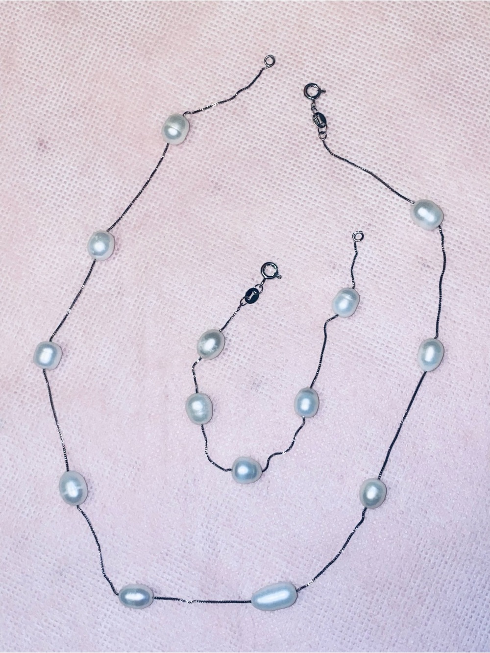 Delicate White Pearl Bead Necklace and Bracelet Set. Sterling Silver